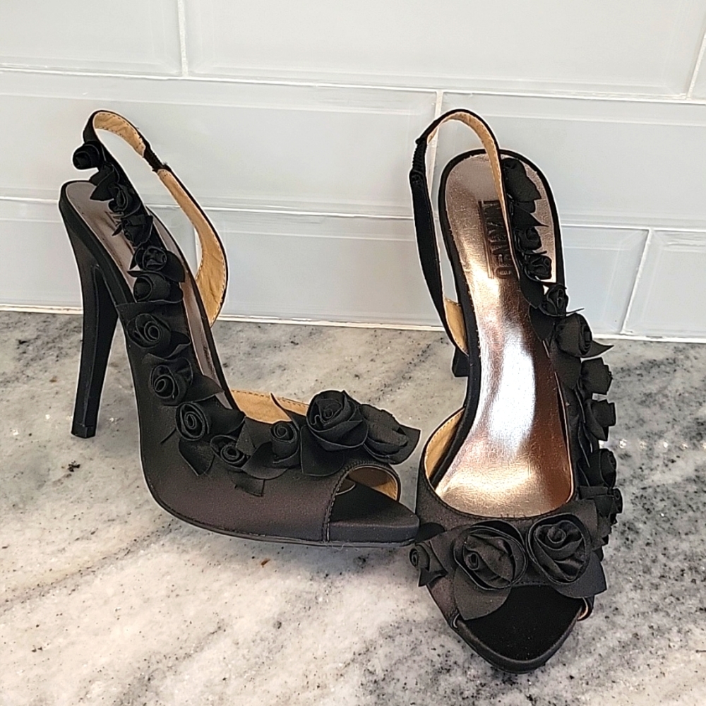 Black Satin wedding cocktIl evening 3d rosettes Flower Slingback heels …